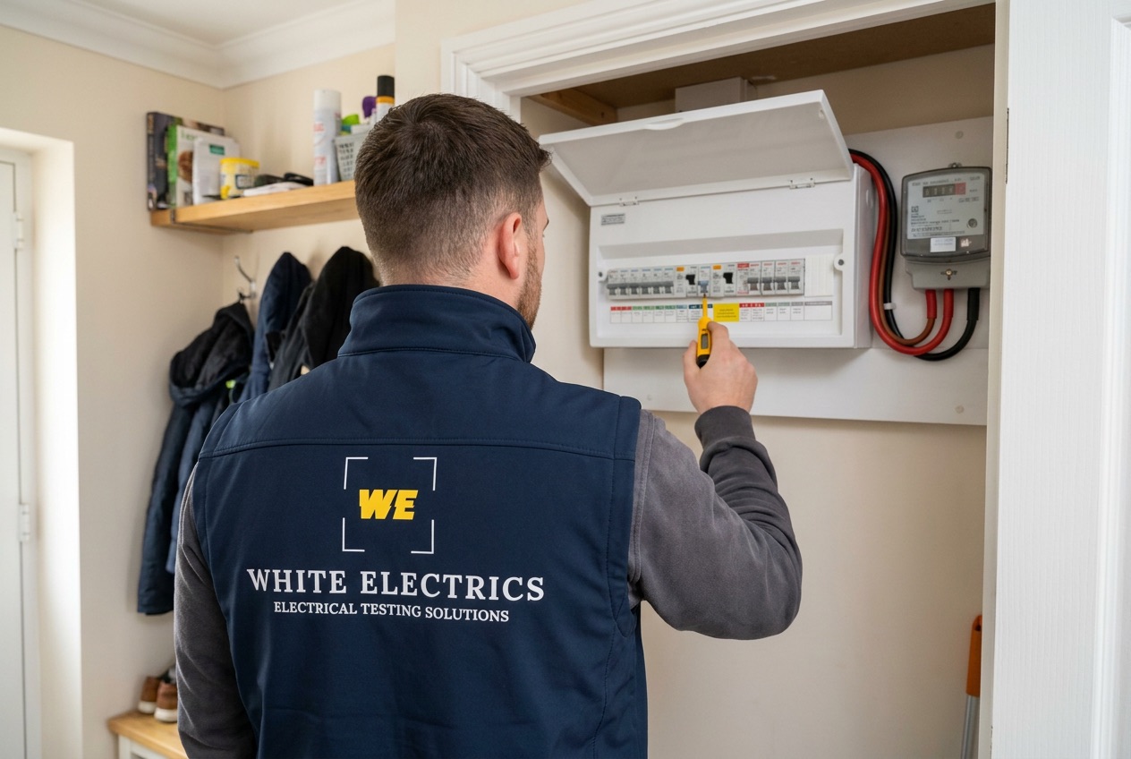 White Electrics electrician inspecting a UK consumer unit