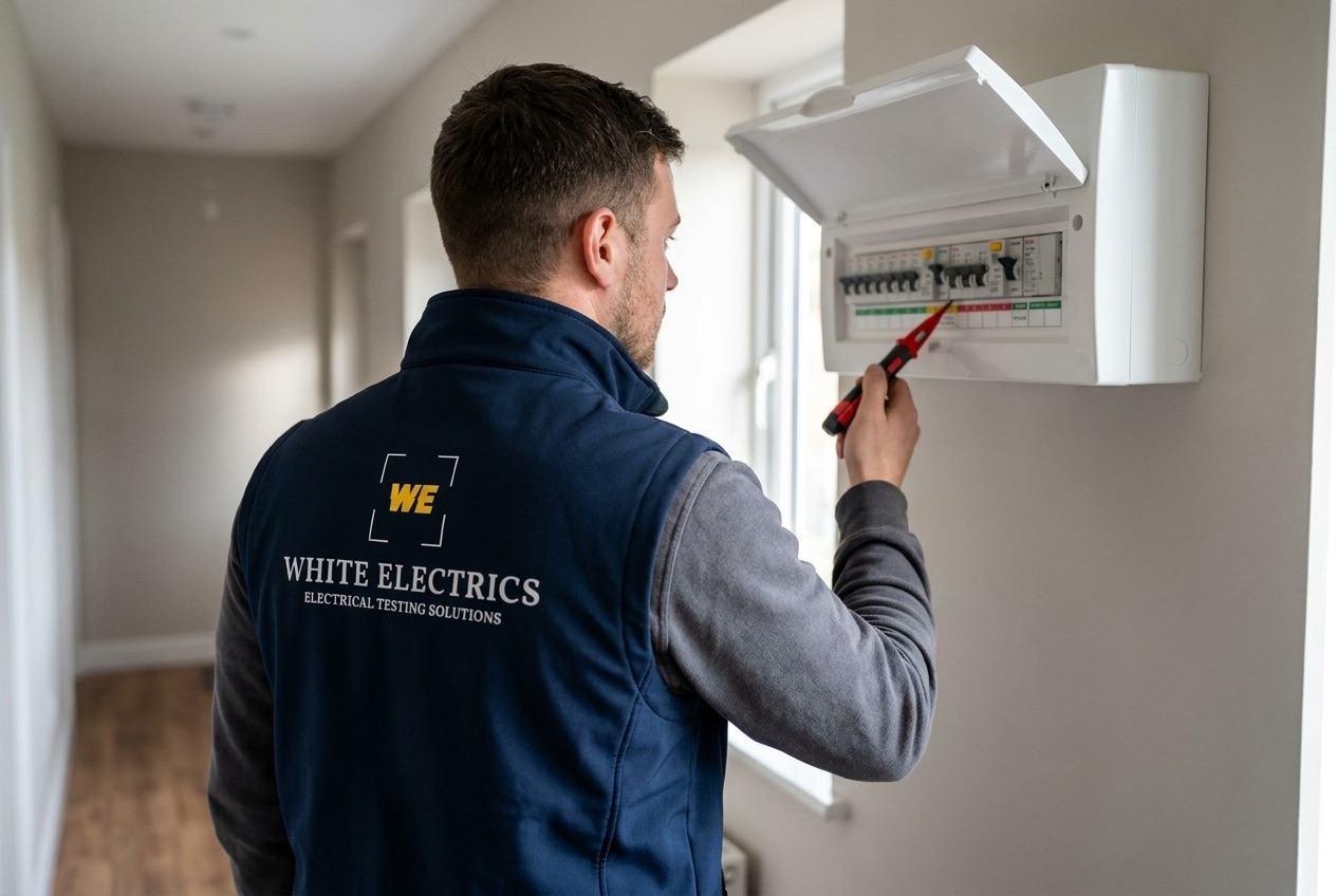 White Electrics electrician testing a UK consumer unit with a voltage tester